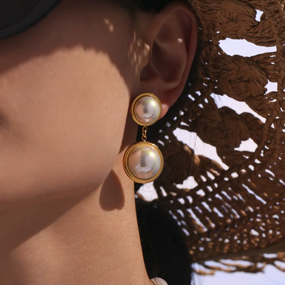 316L Stainless Steel Iridescent Shell Pearl Dangle Earrings - Image 4