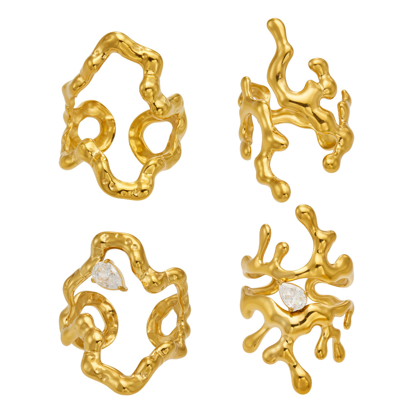 Four gold 316L stainless steel irregular sculptural open rings in organic molten-metal designs