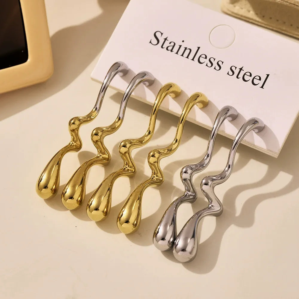 316L Stainless Steel Irregular Two-Tone Polished Waterdrop Drop Earrings - Image 2