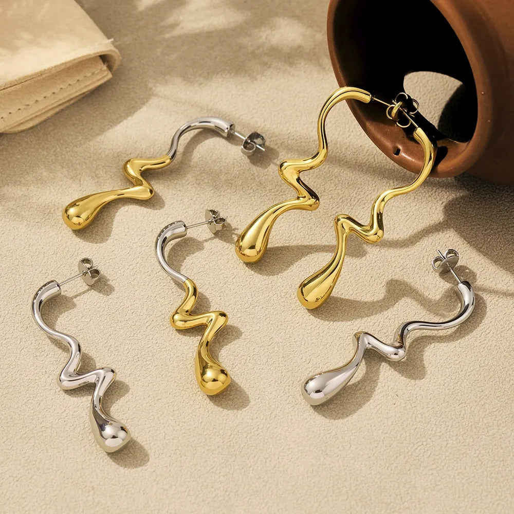316L Stainless Steel Irregular Two-Tone Polished Waterdrop Drop Earrings - Image 4