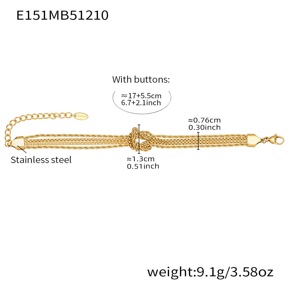 Gold plated 316L stainless steel knotted chain bracelet with measurements
