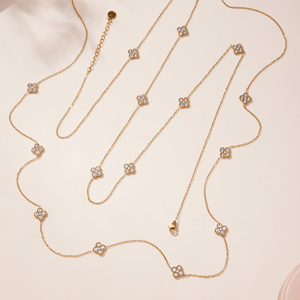 316L stainless steel layered CZ flower station necklace with long chain in gold