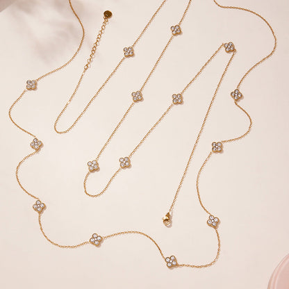 316L stainless steel layered CZ flower station necklace with long chain in gold
