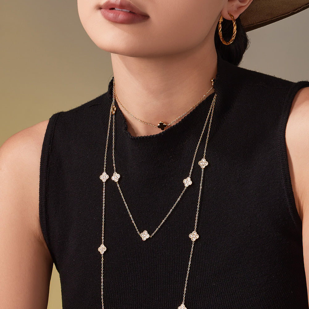 316L stainless steel layered CZ flower station necklace styling on model