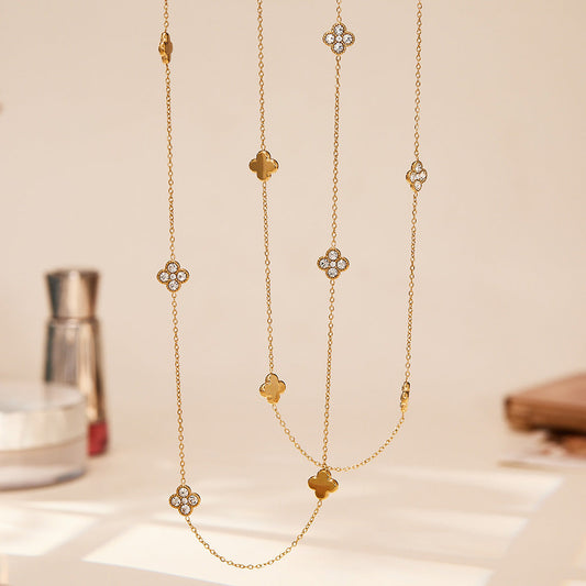 316L stainless steel CZ flower station sweater necklace layered styling in gold