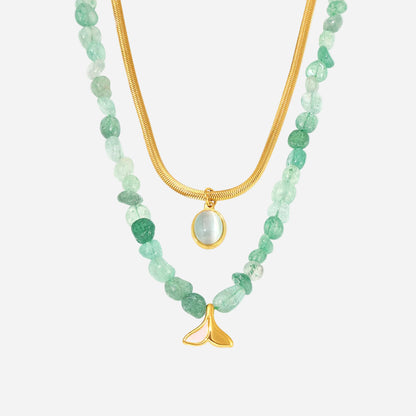 316L stainless steel layered necklace featuring green strawberry stone beads and aquamarine pendant