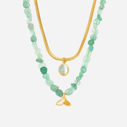 316L stainless steel layered necklace featuring green strawberry stone beads and aquamarine pendant