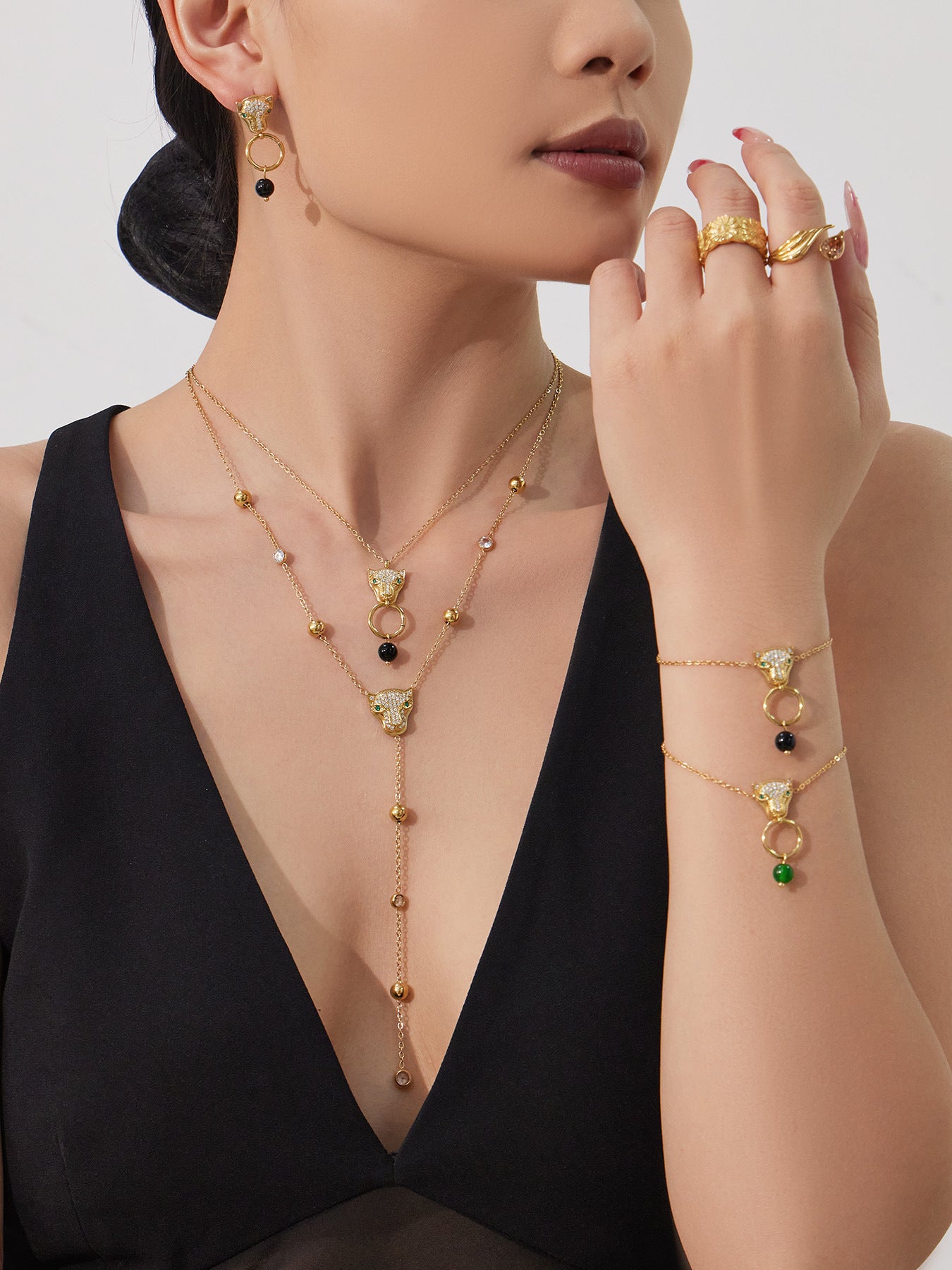 316L Stainless Steel Leopard Head Natural Agate & Zircon Jewelry - Image 21