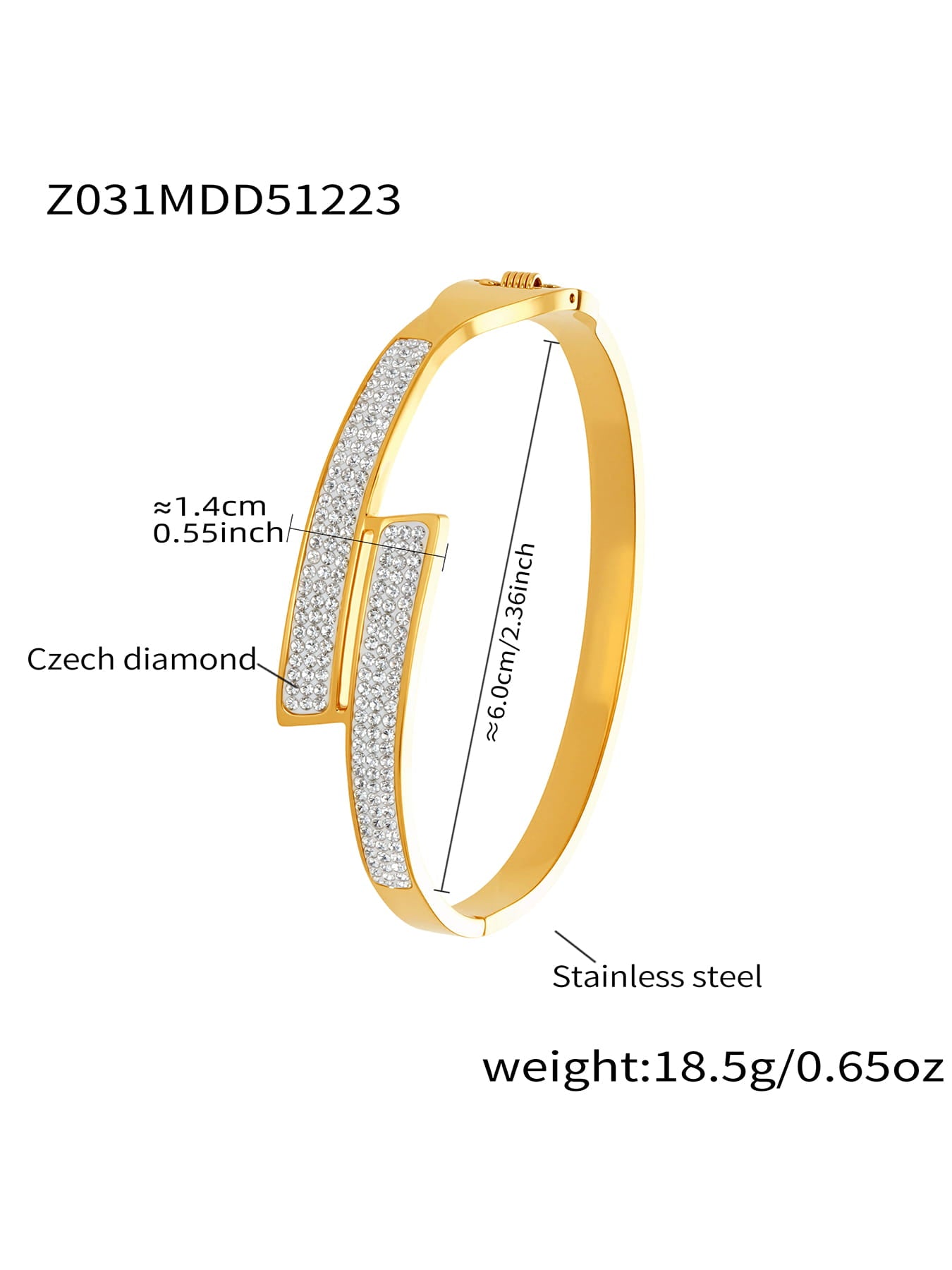 316L stainless steel zigzag geometric CZ bangle bracelet with size and weight reference

