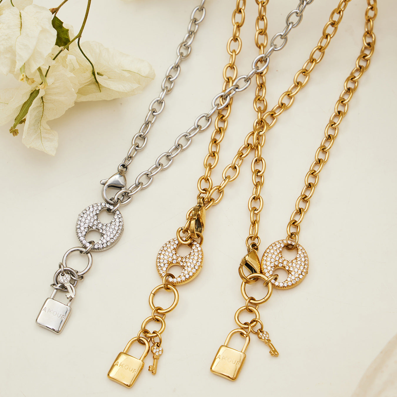 316L Stainless Steel Lock & Key Chain Jewelry Set