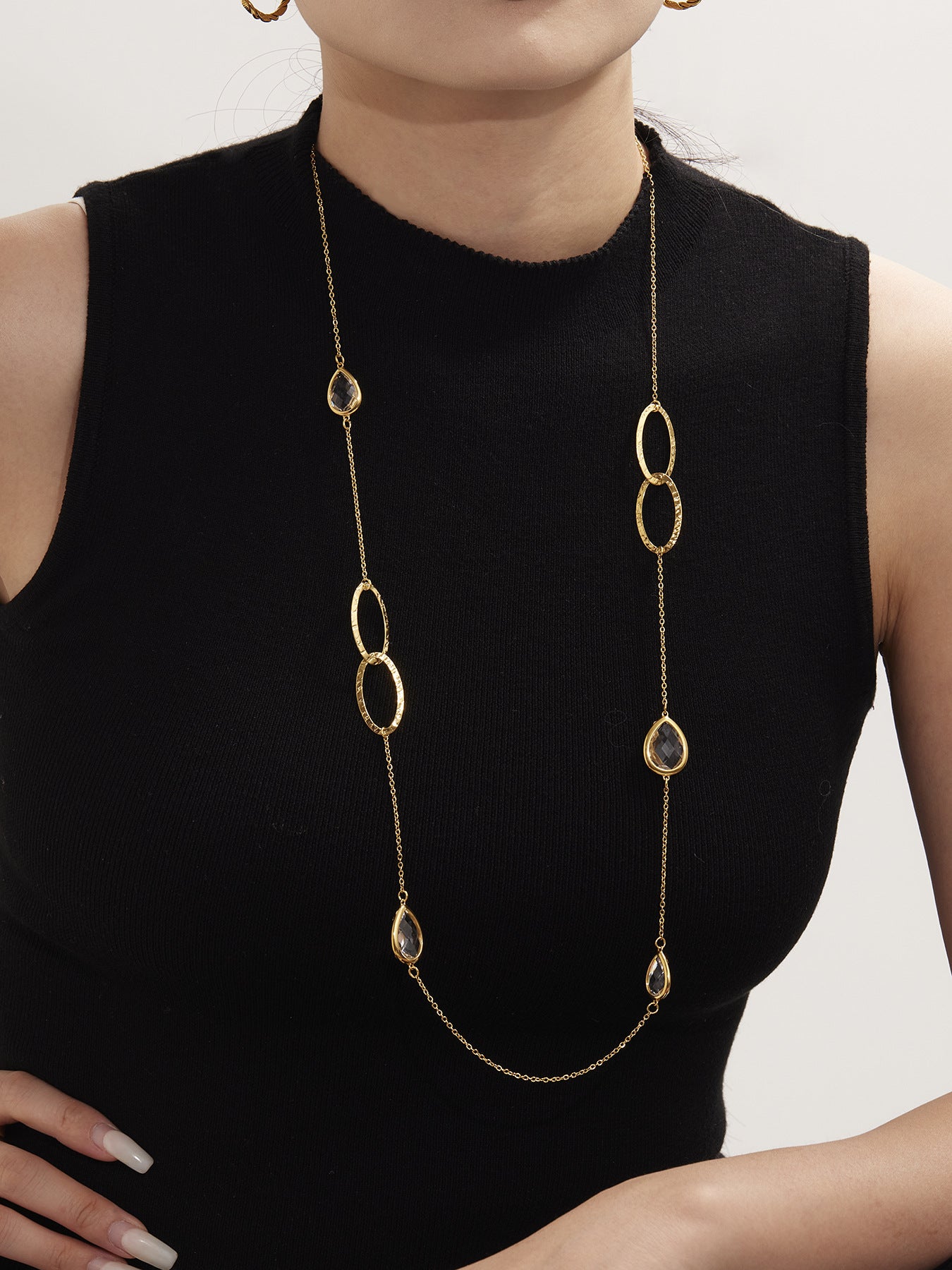 316L Stainless Steel Faceted Glass & Hollow Circle Long Statement Necklace