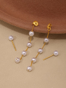 316L Stainless Steel Lustrous Faux Pearl Long Tassel Drop Earrings - Image 1