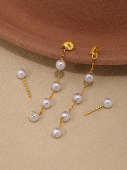 316L Stainless Steel Lustrous Faux Pearl Long Tassel Drop Earrings - Image 1