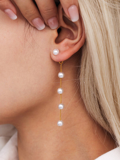 316L Stainless Steel Lustrous Faux Pearl Long Tassel Drop Earrings - Image 2