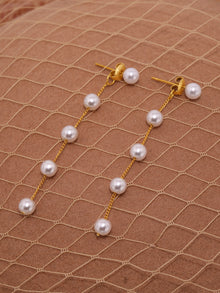 316L Stainless Steel Lustrous Faux Pearl Long Tassel Drop Earrings - Image 3