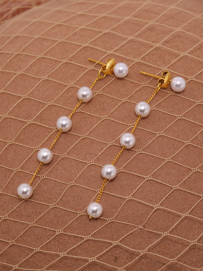 316L Stainless Steel Lustrous Faux Pearl Long Tassel Drop Earrings - Image 3