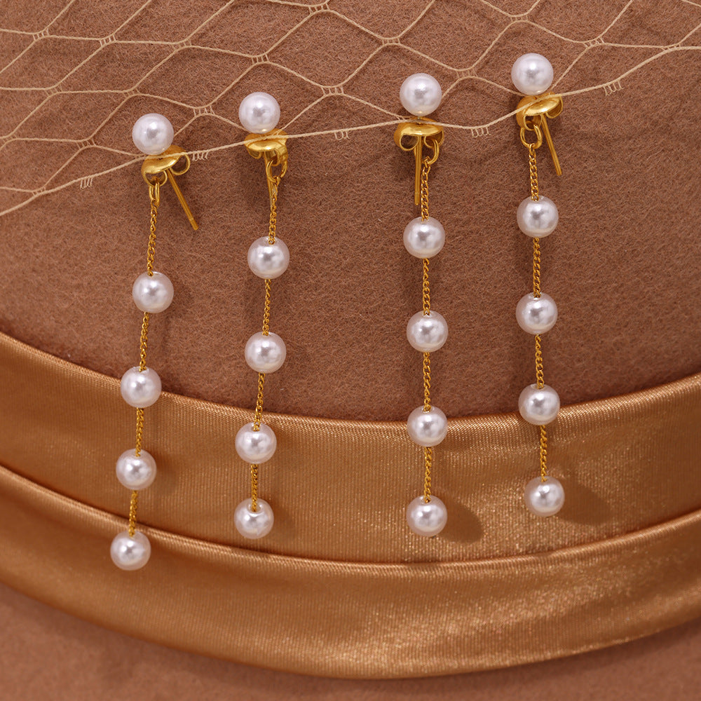 316L Stainless Steel Lustrous Faux Pearl Long Tassel Drop Earrings - Image 4