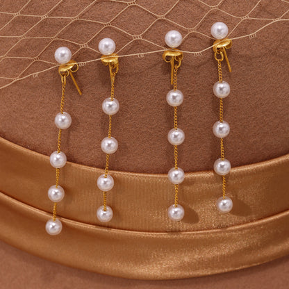 316L Stainless Steel Lustrous Faux Pearl Long Tassel Drop Earrings - Image 4