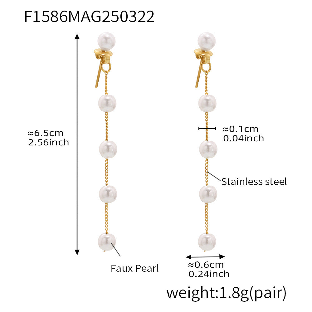 316L Stainless Steel Lustrous Faux Pearl Long Tassel Drop Earrings - Image 6