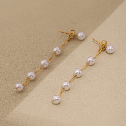 316L Stainless Steel Lustrous Faux Pearl Long Tassel Drop Earrings - Image 7