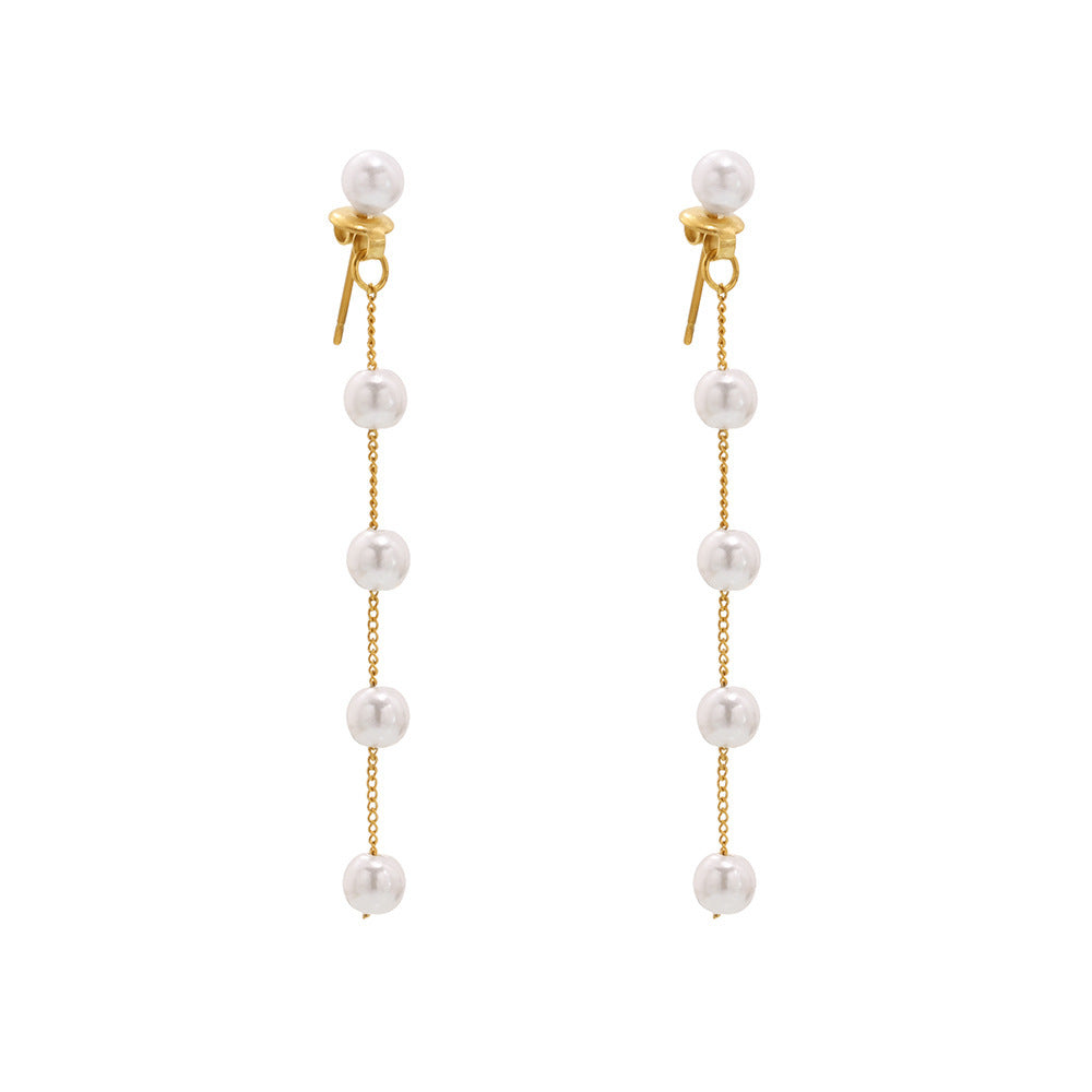316L Stainless Steel Lustrous Faux Pearl Long Tassel Drop Earrings - Image 8