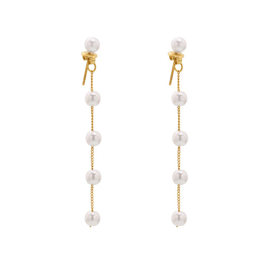 316L Stainless Steel Lustrous Faux Pearl Long Tassel Drop Earrings - Image 8