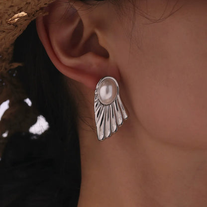 316L Stainless Steel Lustrous Shell Pearl Fan Stud Earrings - Image 2