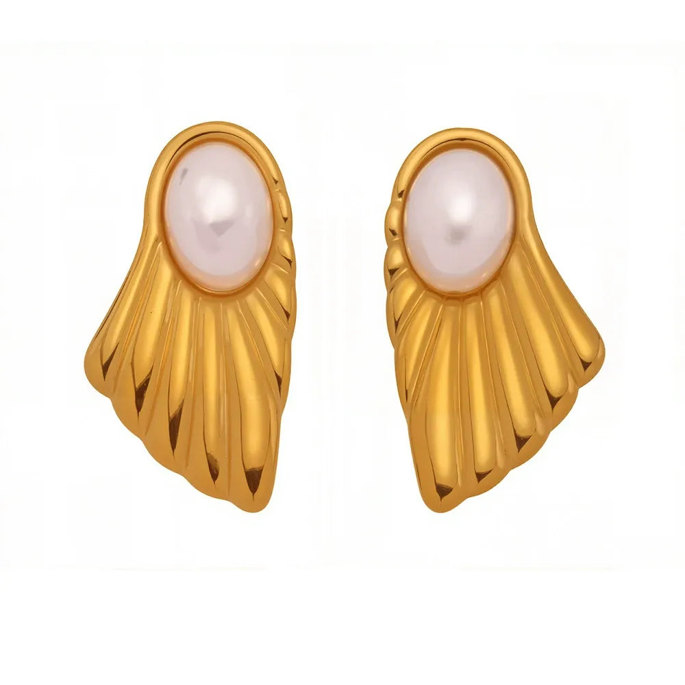 316L Stainless Steel Lustrous Shell Pearl Fan Stud Earrings - Image 5