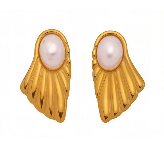 316L Stainless Steel Lustrous Shell Pearl Fan Stud Earrings - Image 5