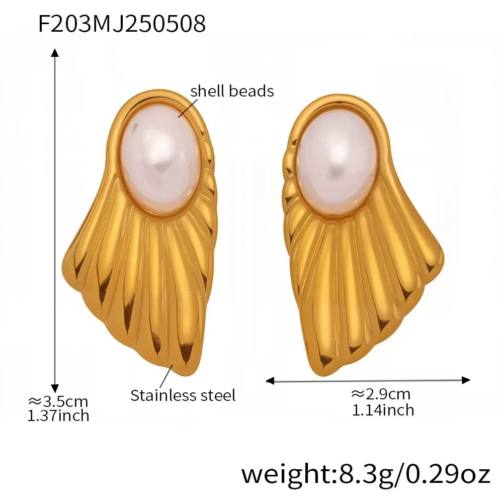 316L Stainless Steel Lustrous Shell Pearl Fan Stud Earrings - Image 6