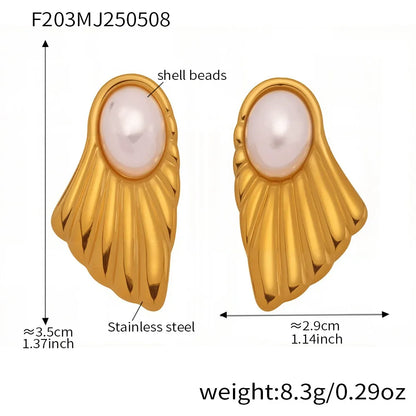 316L Stainless Steel Lustrous Shell Pearl Fan Stud Earrings - Image 6