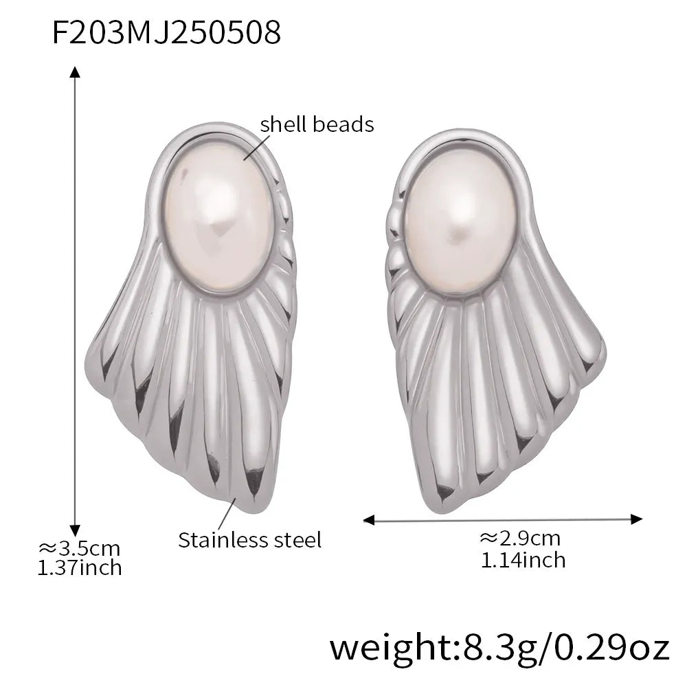 316L Stainless Steel Lustrous Shell Pearl Fan Stud Earrings - Image 7