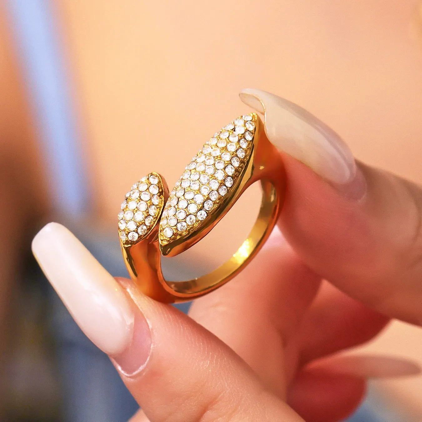 316L Stainless Steel Luxury Paved Zircon Irregular Geometric Open Ring - Image 2