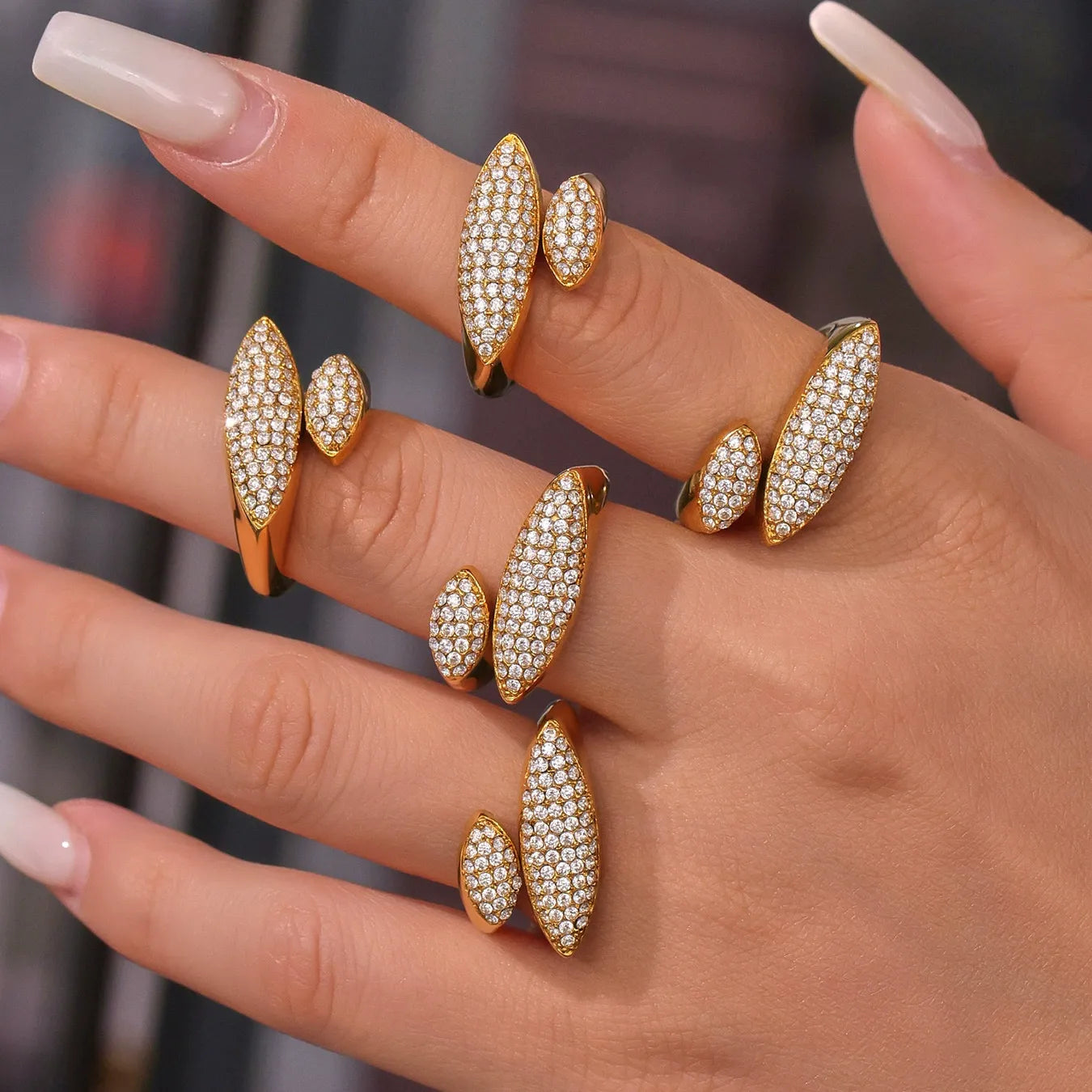 316L Stainless Steel Luxury Paved Zircon Irregular Geometric Open Ring - Image 3