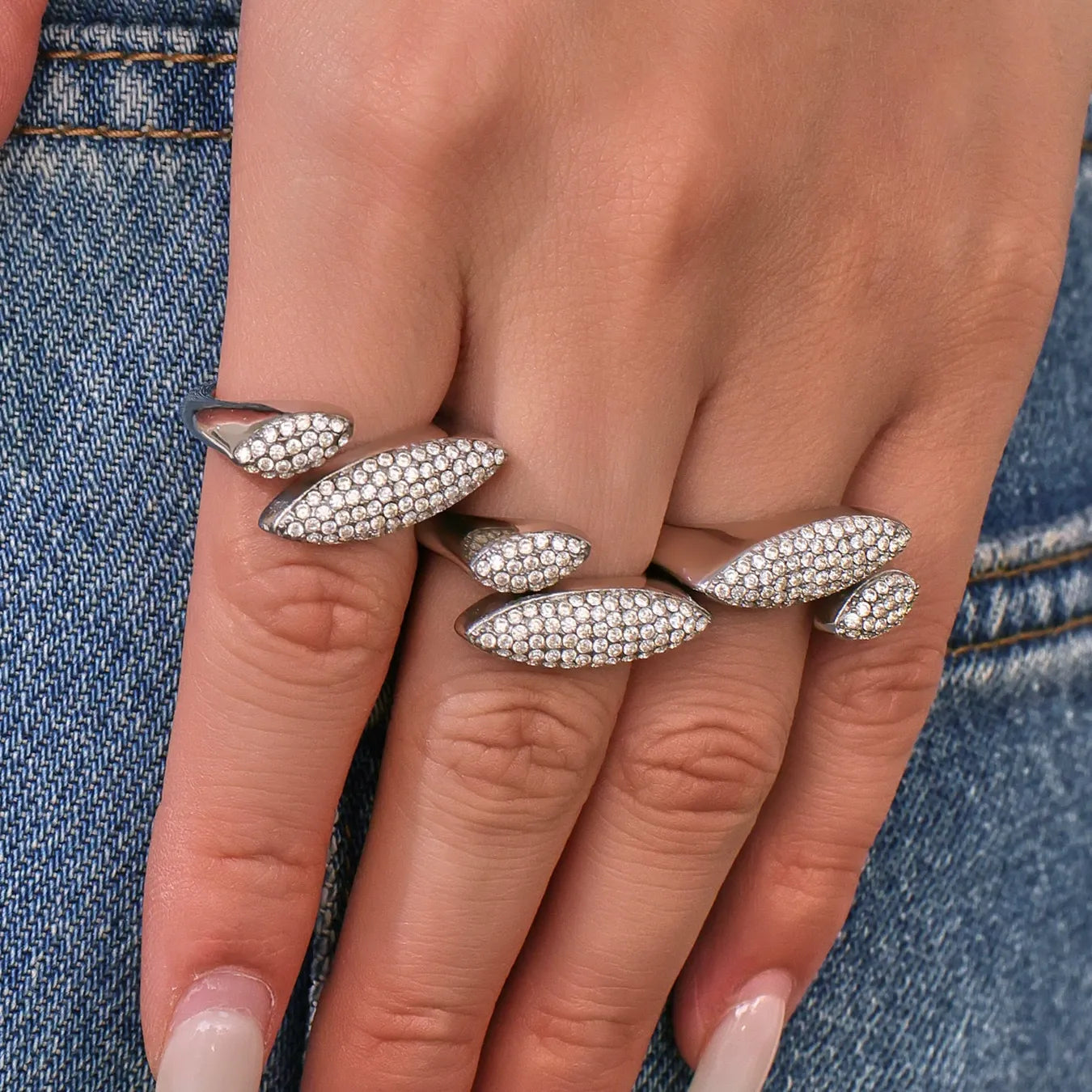 316L Stainless Steel Luxury Paved Zircon Irregular Geometric Open Ring - Image 4