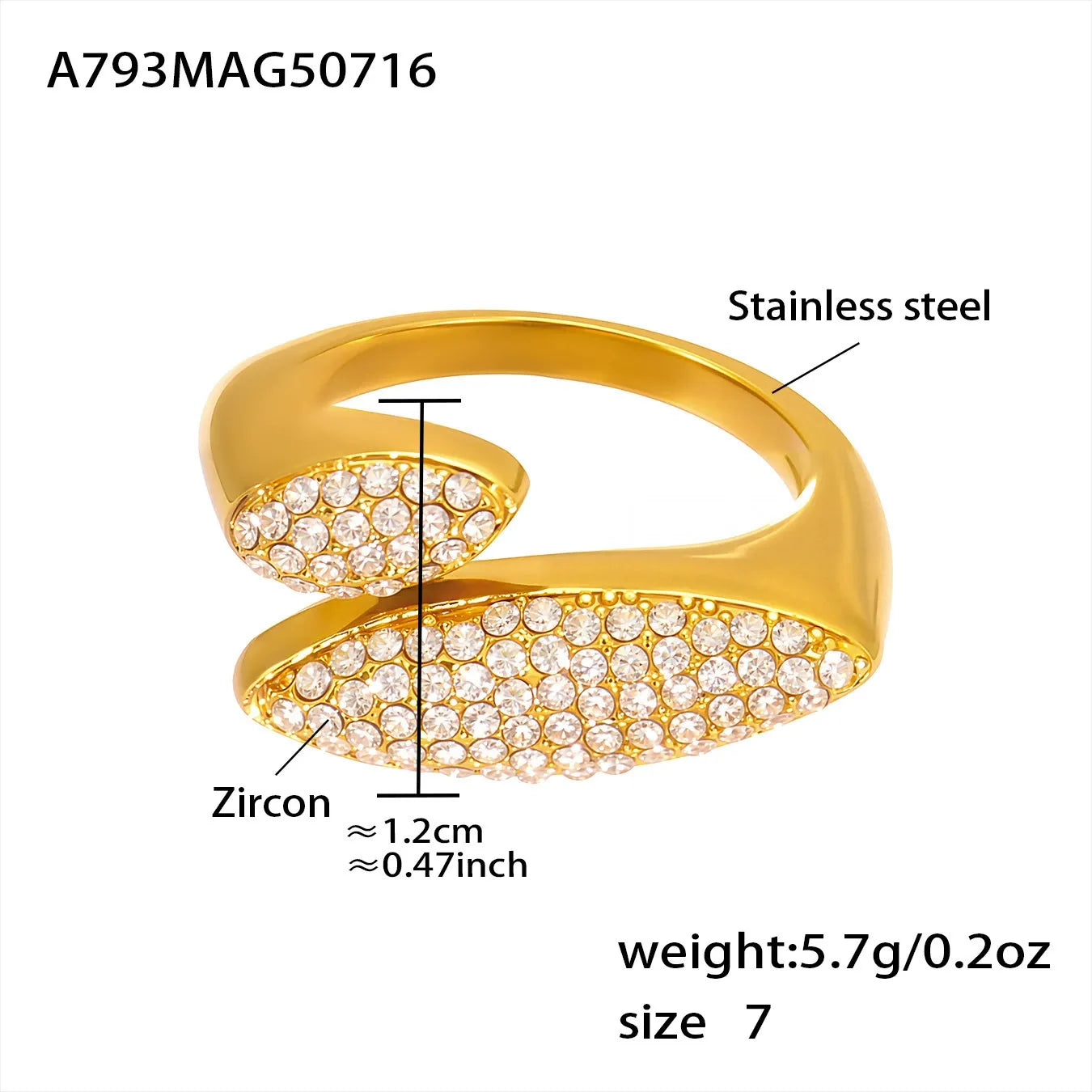 316L Stainless Steel Luxury Paved Zircon Irregular Geometric Open Ring - Image 6