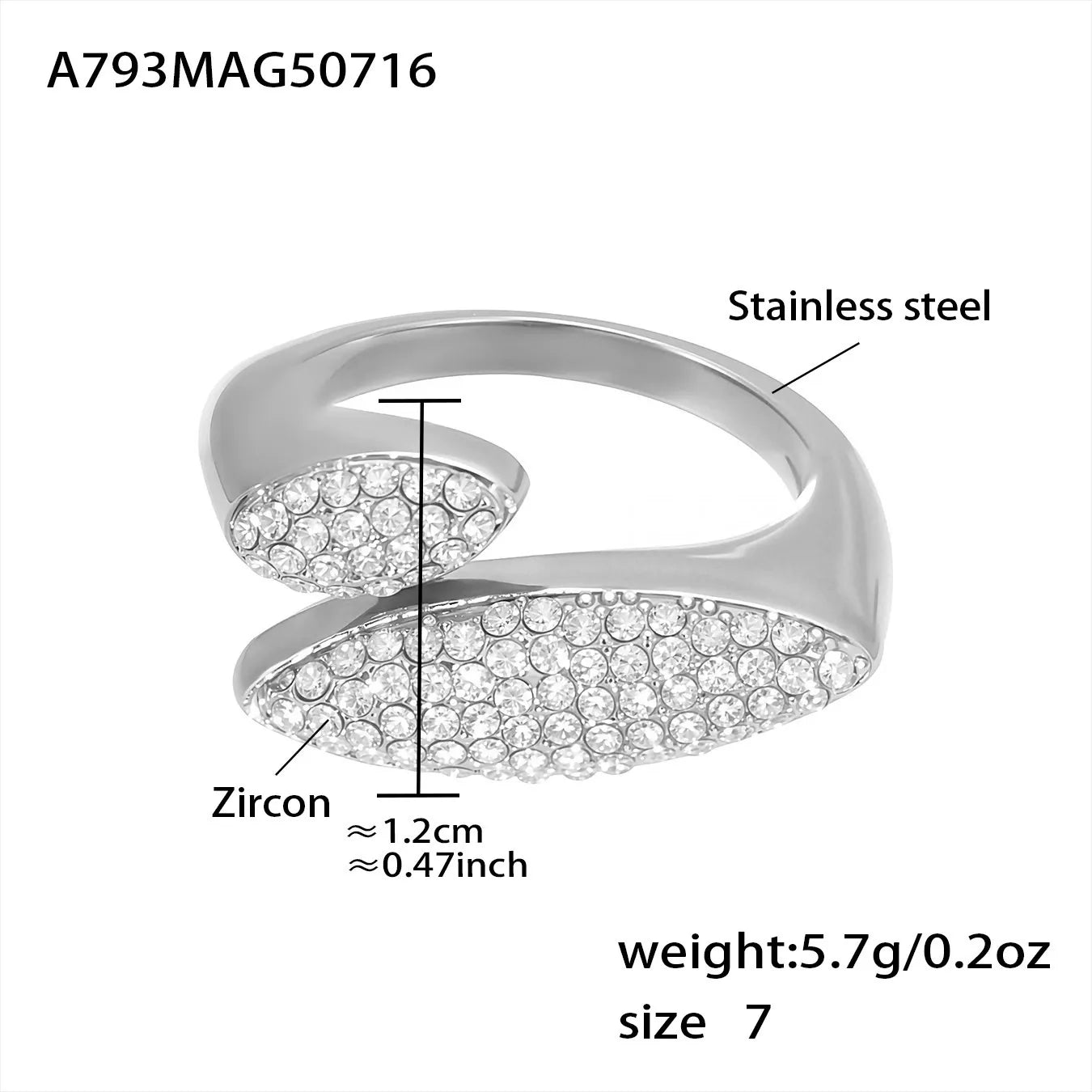 316L Stainless Steel Luxury Paved Zircon Irregular Geometric Open Ring - Image 7
