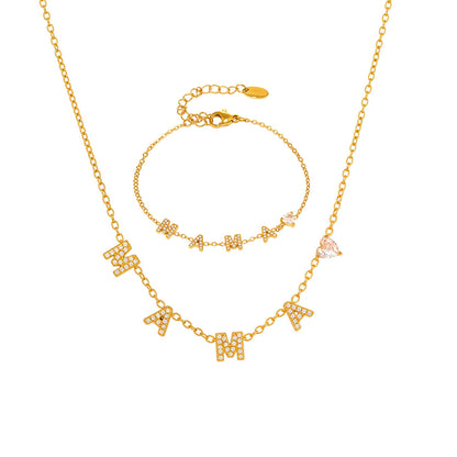 316L Stainless Steel MAMA Heart Zirconia Sparkle Necklace Bracelet Set - MAMA Heart Detail 5