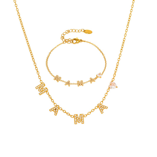 316L Stainless Steel MAMA Heart Zirconia Sparkle Necklace Bracelet Set - MAMA Heart Detail 5
