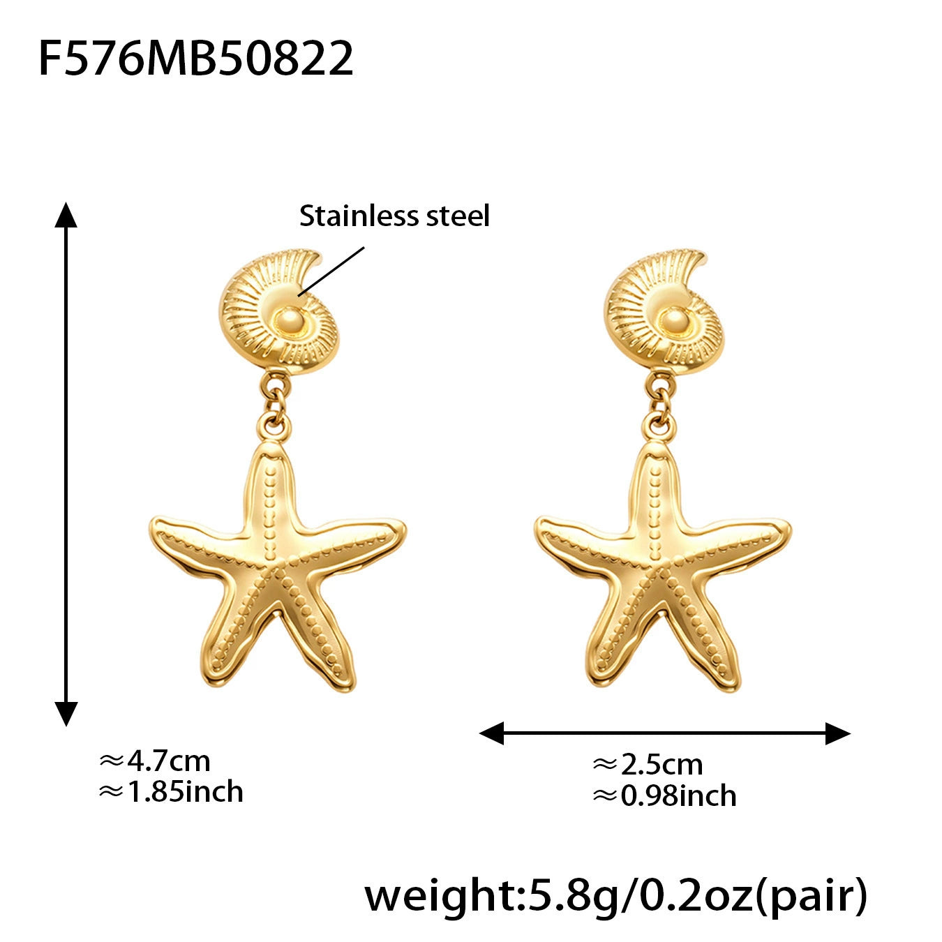316L Stainless Steel Marine Style Conch & Starfish Statement Earrings - Image 1