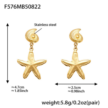 316L Stainless Steel Marine Style Conch & Starfish Statement Earrings - Image 1