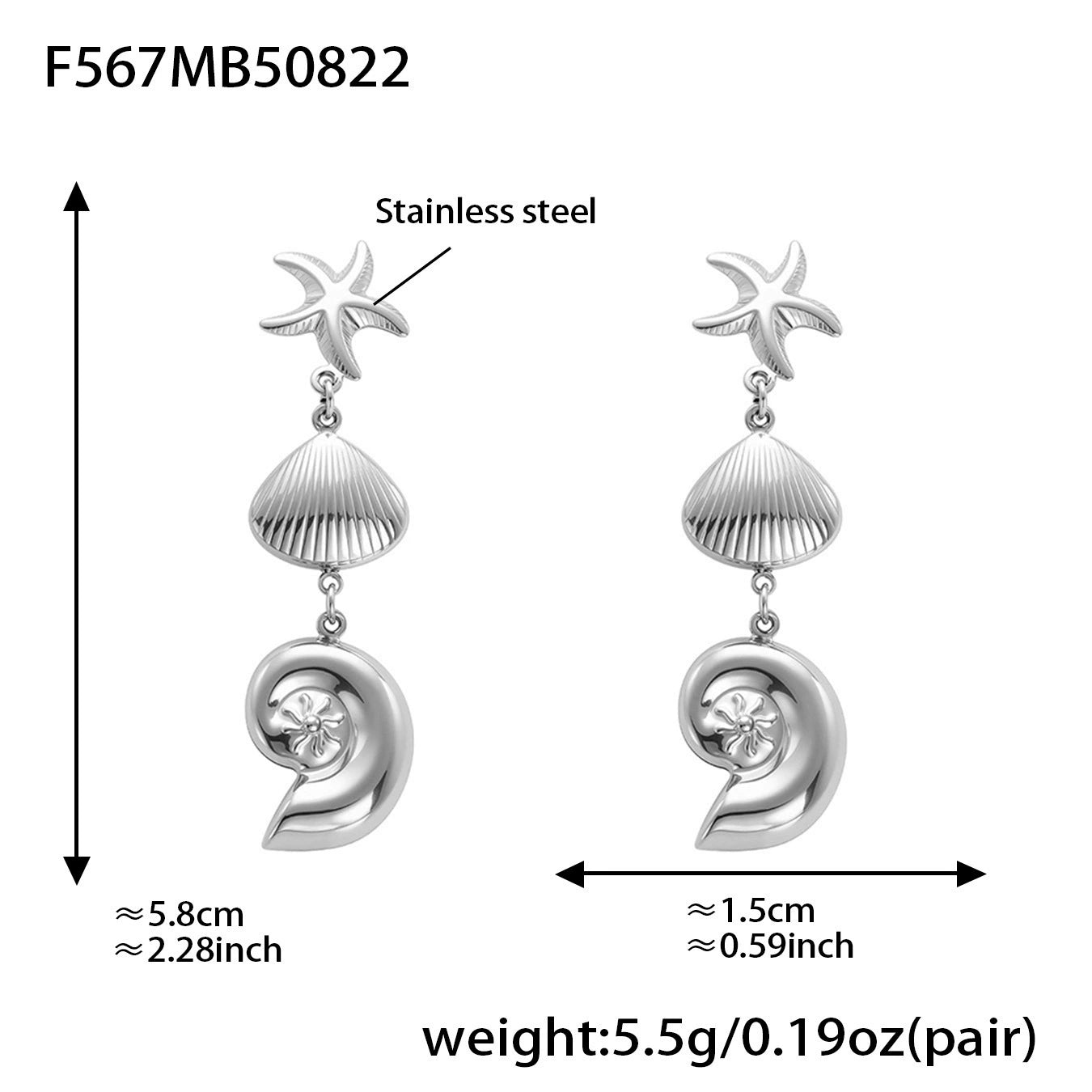 316L Stainless Steel Marine Style Conch & Starfish Statement Earrings - Image 2