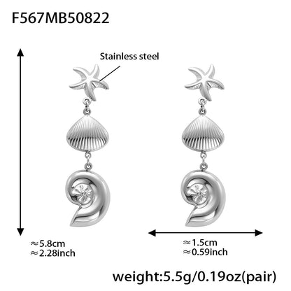 316L Stainless Steel Marine Style Conch & Starfish Statement Earrings - Image 2