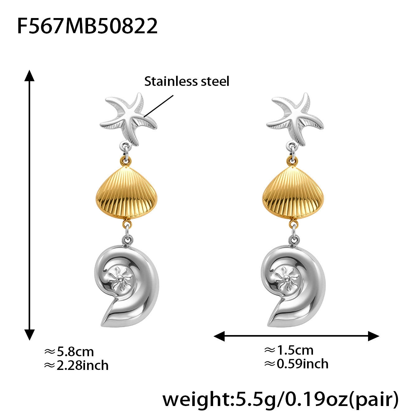 316L Stainless Steel Marine Style Conch & Starfish Statement Earrings - Image 4
