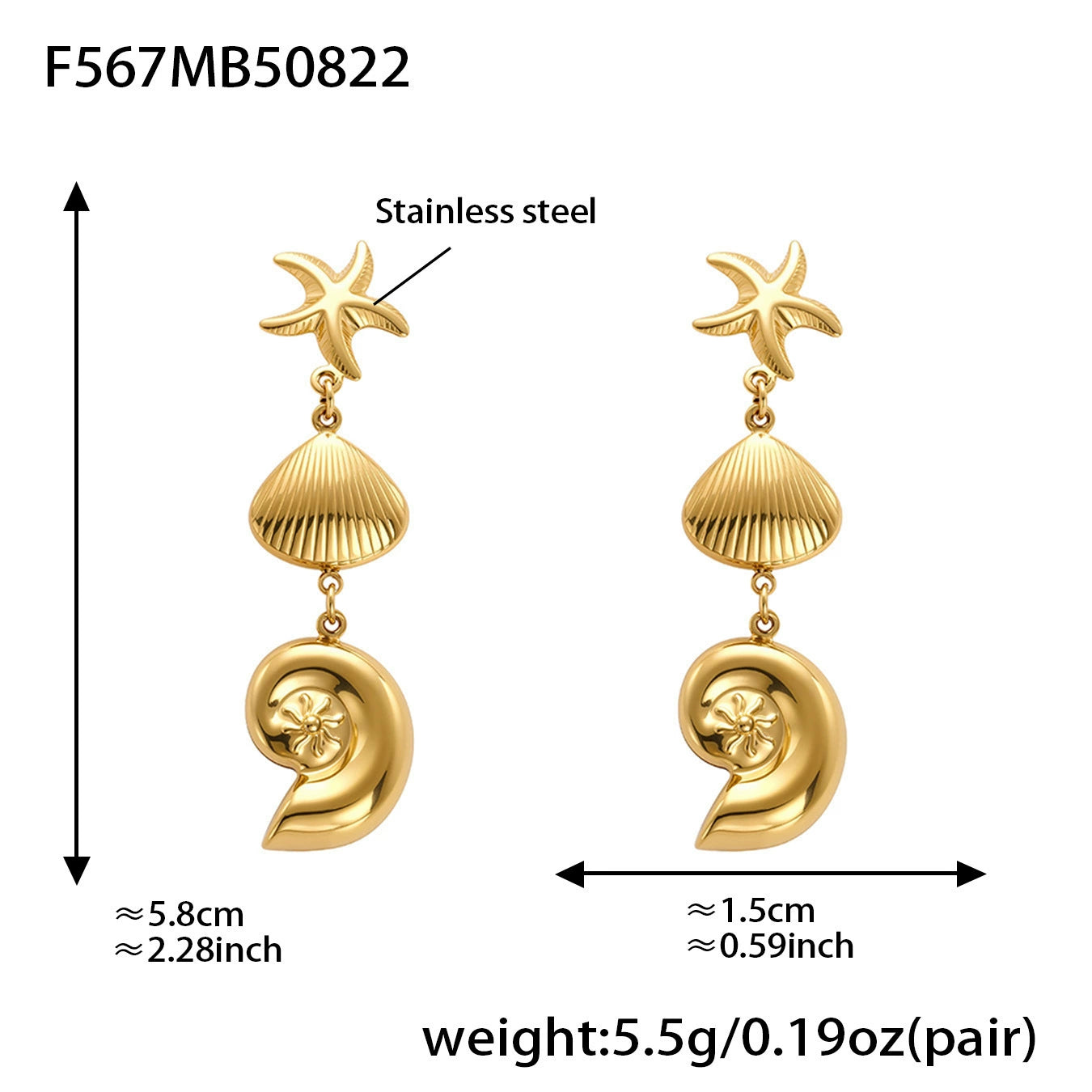 316L Stainless Steel Marine Style Conch & Starfish Statement Earrings - Image 5