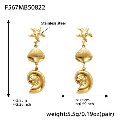 316L Stainless Steel Marine Style Conch & Starfish Statement Earrings - Image 5