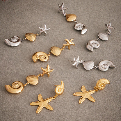 316L Stainless Steel Marine Style Conch & Starfish Statement Earrings - Image 6