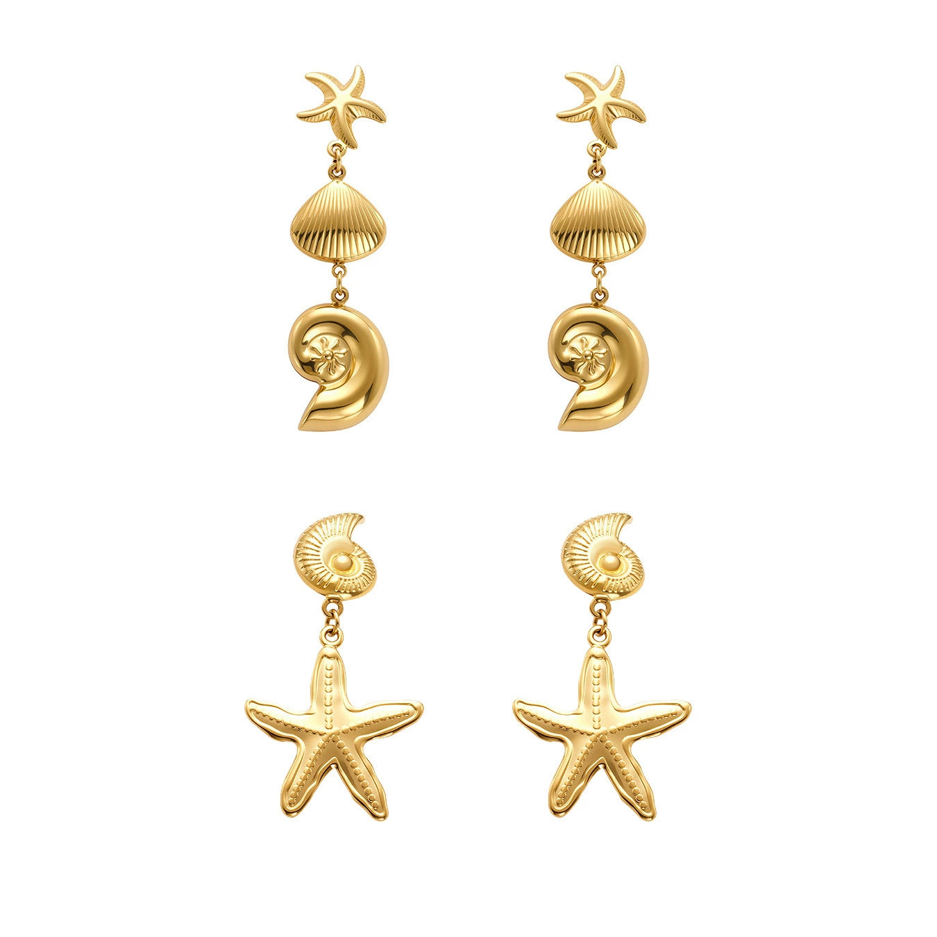 316L Stainless Steel Marine Style Conch & Starfish Statement Earrings - Image 9