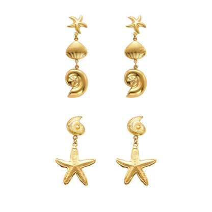 316L Stainless Steel Marine Style Conch & Starfish Statement Earrings - Image 9