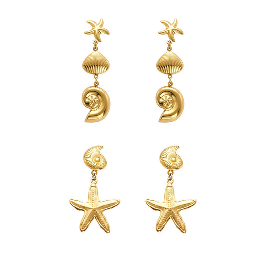 316L Stainless Steel Marine Style Conch & Starfish Statement Earrings - Image 9